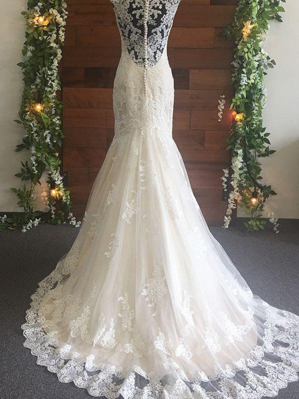 Trumpet/Mermaid Tulle Lace V-neck Sleeveless Sweep/Brush Train Wedding Dresses CICIP0006389