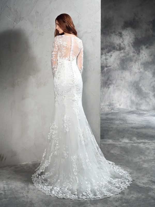 Sheath/Column Sheer Neck Lace Long Sleeves Long Net Wedding Dresses CICIP0006518