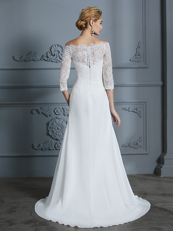 Trumpet/Mermaid 1/2 Sleeves Off-the-Shoulder Sweep/Brush Train Chiffon Wedding Dresses CICIP0006184