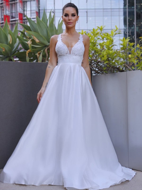 A-Line/Princess V-neck Satin Applique Sleeveless Sweep/Brush Train Wedding Dresses CICIP0006405