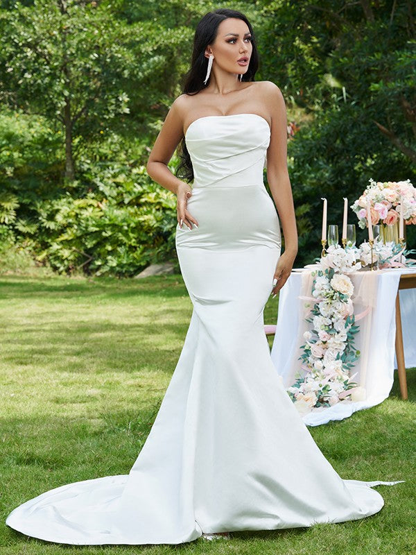 Trumpet/Mermaid Satin Ruched Strapless Sleeveless Sweep/Brush Train Wedding Dresses CICIP0006371