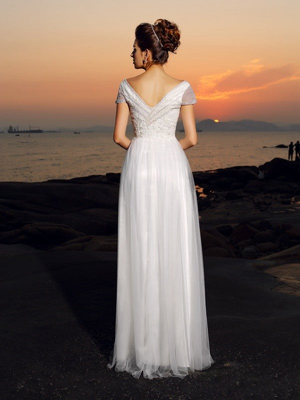 A-Line/Princess Off-the-Shoulder Beading Short Sleeves Long Tulle Beach Wedding Dresses CICIP0006636