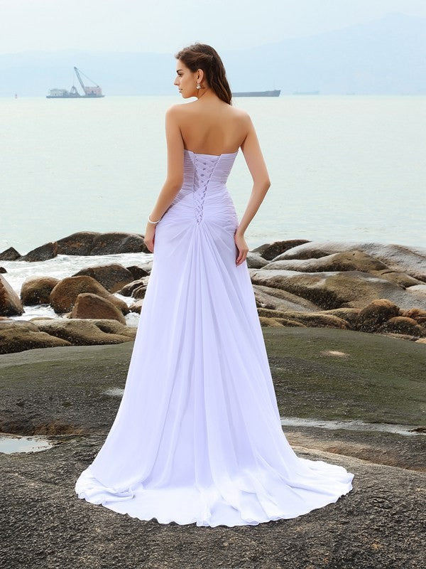 Sheath/Column Sweetheart Beading Sleeveless Long Chiffon Beach Wedding Dresses CICIP0006245