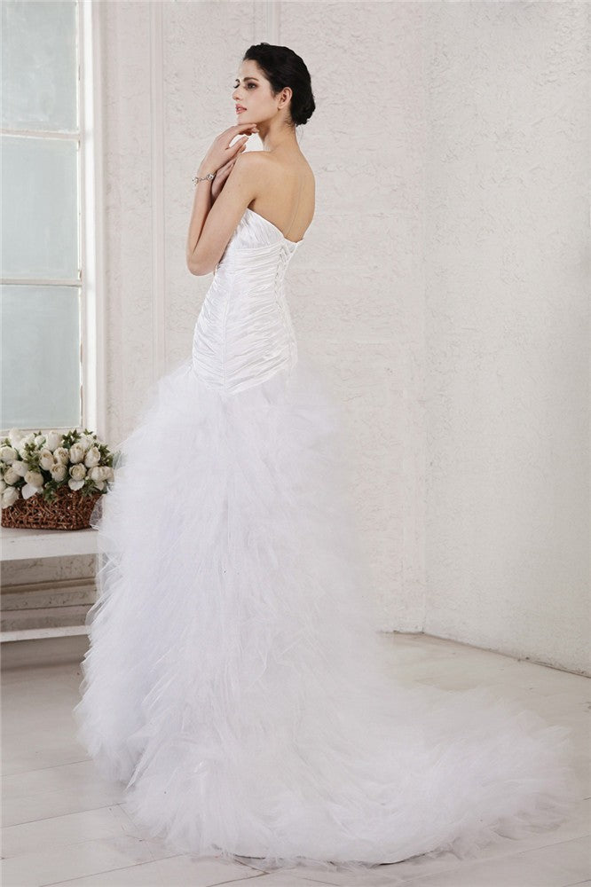 A-Line/Princess Sweetheart Sleeveless Applique Long Taffeta Net Wedding Dresses CICIP0006824