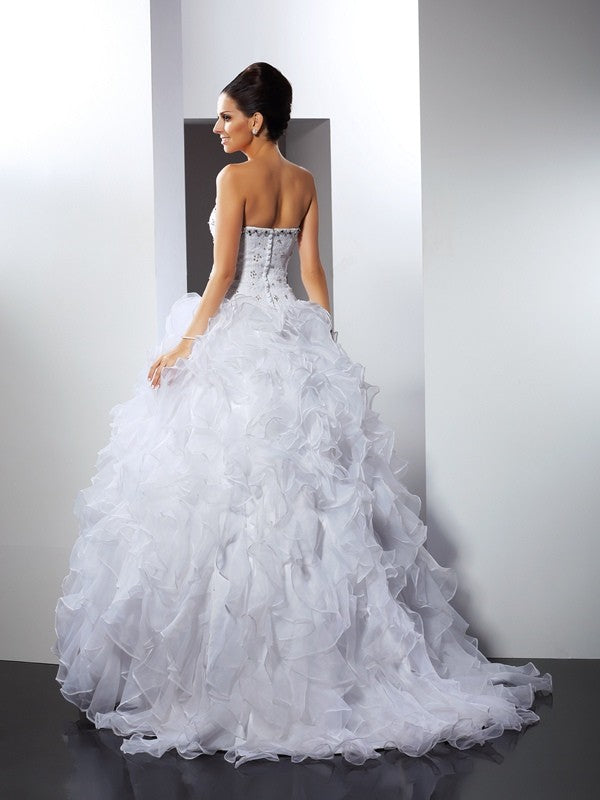 Ball Gown Sweetheart Ruffles Sleeveless Long Satin Wedding Dresses CICIP0006538