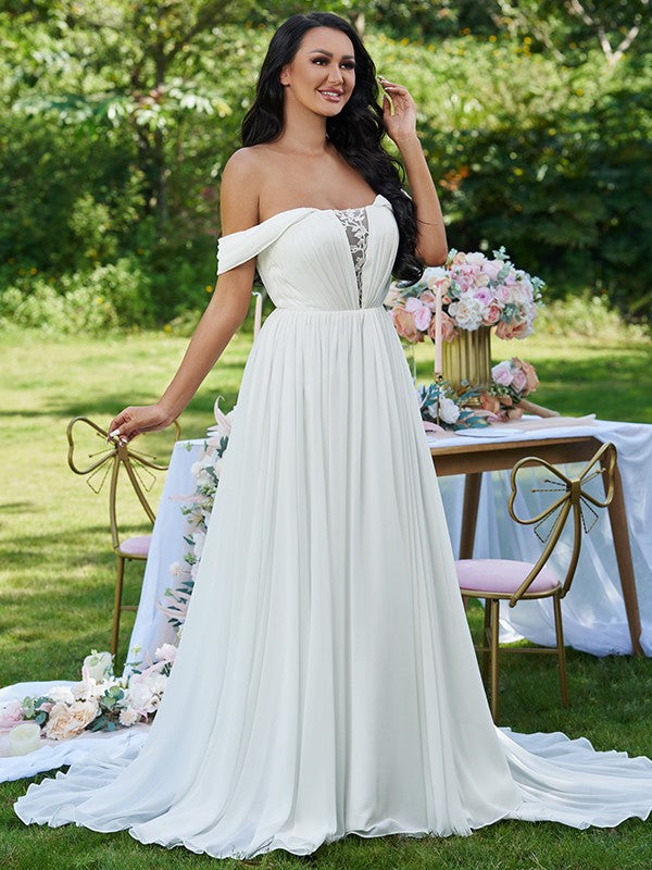 A-Line/Princess Chiffon Ruffles Off-the-Shoulder Sleeveless Sweep/Brush Train Wedding Dresses CICIP0006516