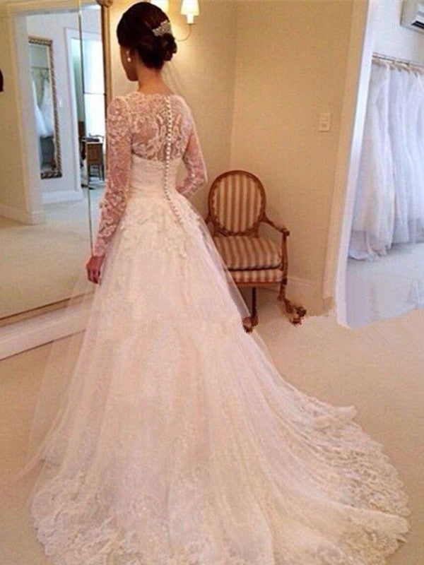 Ball Gown V-neck Long Sleeves Lace Court Train Tulle Wedding Dresses CICIP0006095