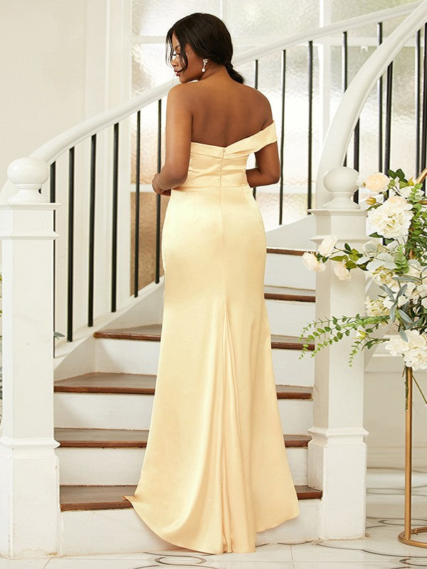 Sheath/Column Elastic Woven Satin Ruched One-Shoulder Sleeveless Sweep/Brush Train Bridesmaid Dresses CICIP0004986