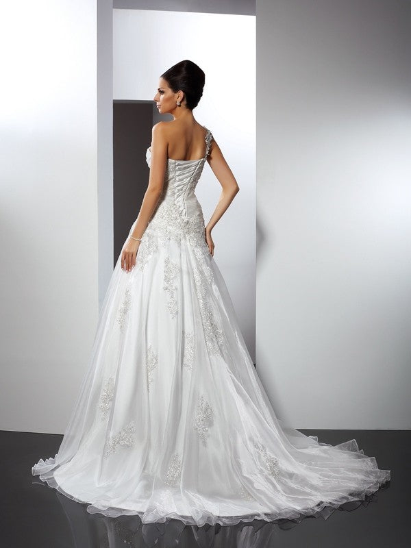 A-Line/Princess One-Shoulder Applique Sleeveless Long Satin Wedding Dresses CICIP0006789