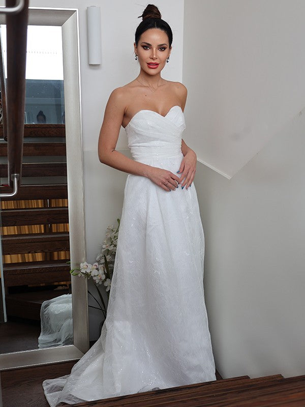 A-Line/Princess Ruched Sweetheart Sleeveless Sweep/Brush Train Wedding Dresses CICIP0006455