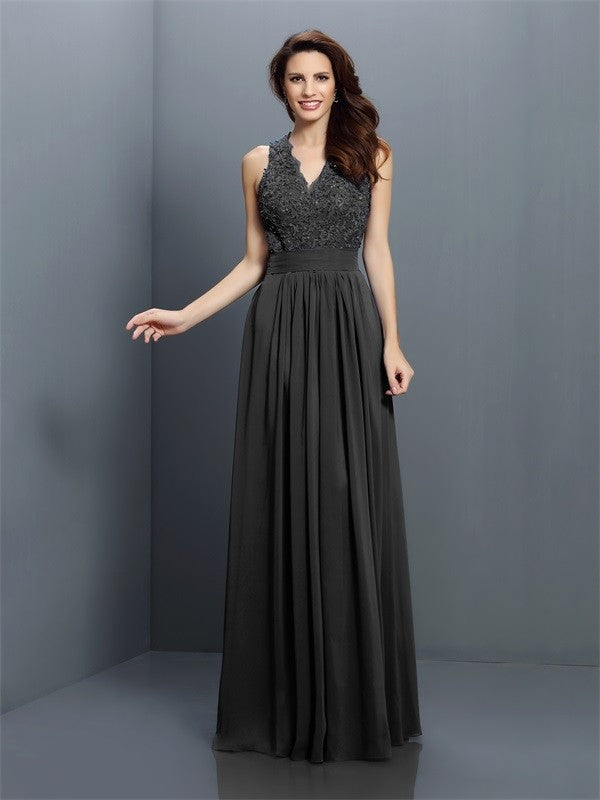 A-Line/Princess V-neck Applique Sleeveless Long Chiffon Bridesmaid Dresses CICIP0005255