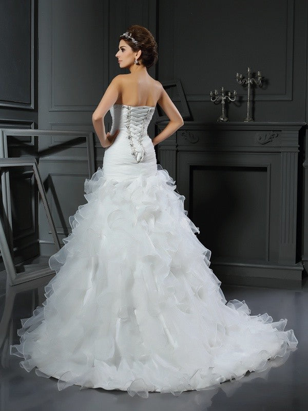 Trumpet/Mermaid Sweetheart Ruffles Sleeveless Long Organza Wedding Dresses CICIP0006476