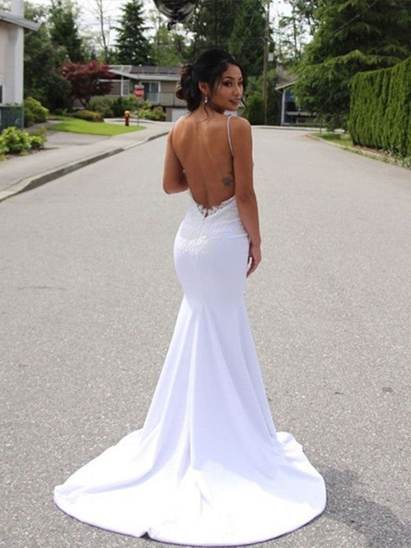 Trumpet/Mermaid Spaghetti Straps Sleeveless Sweep/Brush Train Lace Stretch Crepe Wedding Dresses CICIP0005944