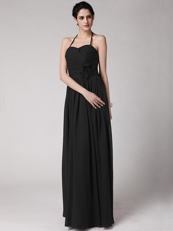 Sheath/Column Halter Sleeveless Hand-Made Flower Long Chiffon Bridesmaid Dresses CICIP0005817