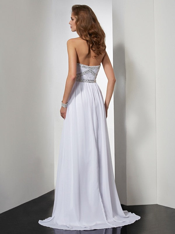 Sheath/Column Strapless Sleeveless Beading Long Chiffon Dresses CICIP0003938