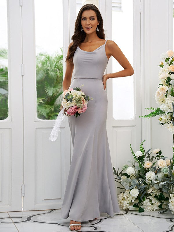 Sheath/Column Charmeuse Ruffles Square Sleeveless Floor-Length Bridesmaid Dresses CICIP0004925