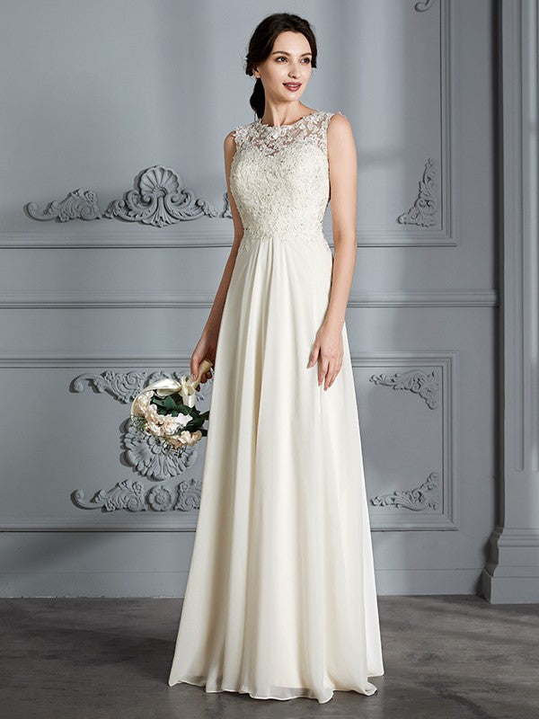 A-Line/Princess Scoop Chiffon Sleeveless Floor-Length Wedding Dresses CICIP0006190