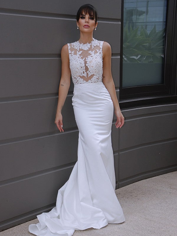 Trumpet/Mermaid Sleeveless Applique Scoop Satin Court Train Wedding Dresses CICIP0006530