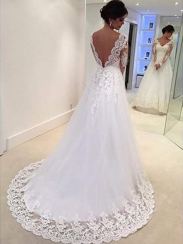 Ball Gown V-neck Long Sleeves Lace Sweep/Brush Train Tulle Wedding Dresses CICIP0006055