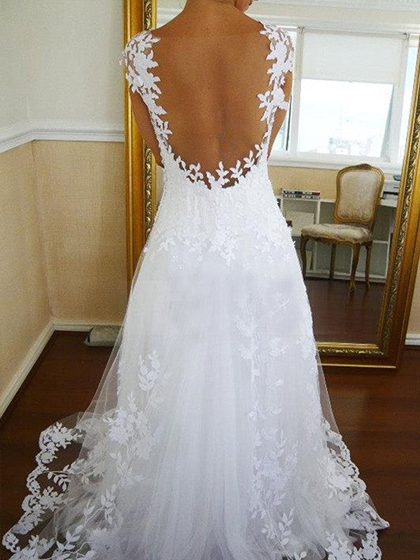 A-Line/Princess V-neck Sweep/Brush Train Lace Sleeveless Tulle Wedding Dresses CICIP0006075