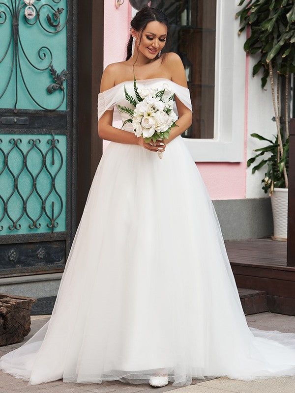 A-Line/Princess Tulle Ruffles Off-the-Shoulder Sleeveless Sweep/Brush Train Wedding Dresses CICIP0006442