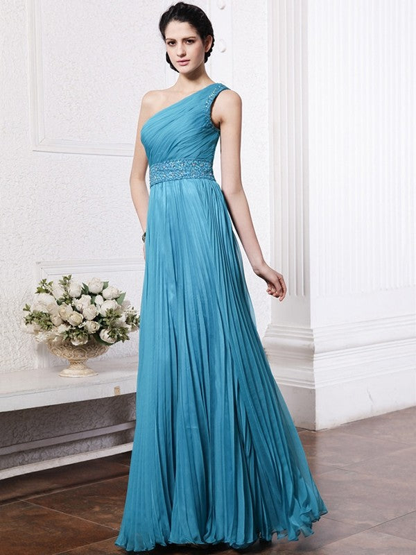 Sheath/Column One-Shoulder Sleeveless Beading Pleats Long Chiffon Bridesmaid Dresses CICIP0005588