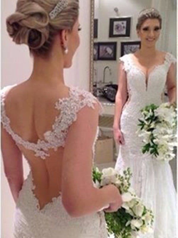 Trumpet/Mermaid Sleeveless Sweep/Brush Train V-neck Lace Wedding Dresses CICIP0006110