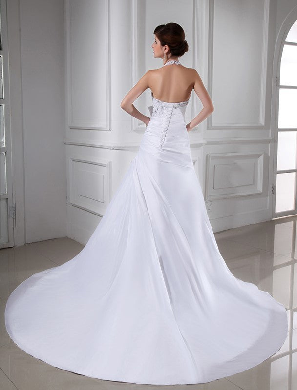 A-Line/Princess Beading Halter Sleeveless Long Taffeta Wedding Dresses CICIP0006669