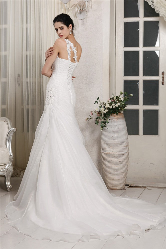 Trumpet/Mermaid One-Shoulder Sleeveless Beading Applique Long Organza Wedding Dresses CICIP0006797