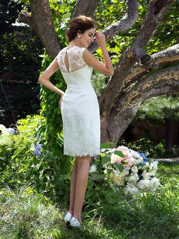 A-Line/Princess Sheer Neck Applique Sleeveless Short Satin Wedding Dresses CICIP0006594