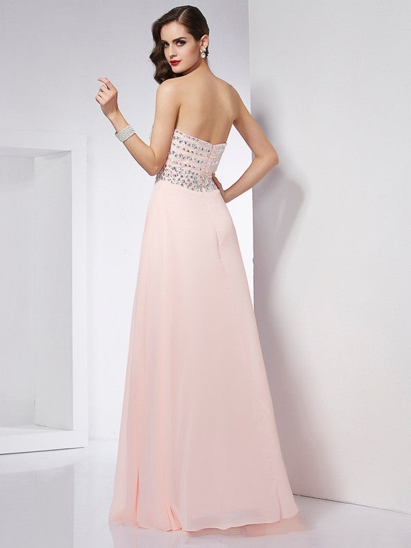 A-Line/Princess Strapless Sleeveless Beading Long Chiffon Dresses CICIP0004285