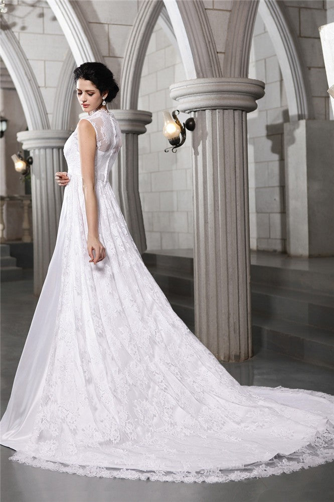 A-Line/Princess Sleeveless Lace Long Satin Wedding Dresses CICIP0006908