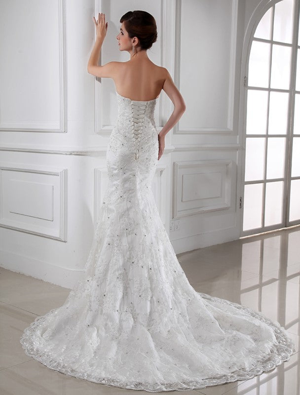 Trumpet/Mermaid Beading Strapless Sleeveless Lace Satin Wedding Dresses CICIP0006761