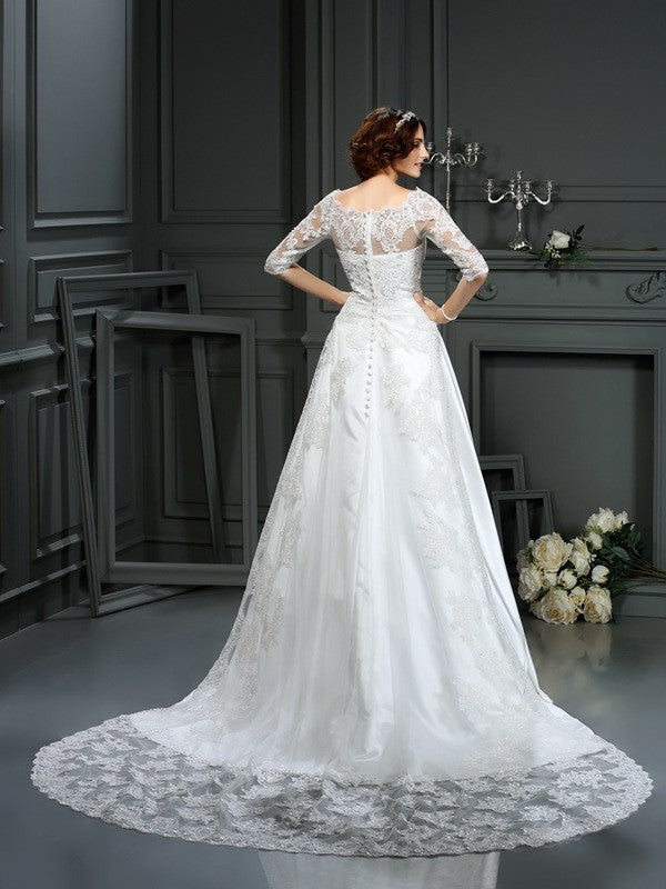 A-Line/Princess Bateau Lace 1/2 Sleeves Long Satin Wedding Dresses CICIP0006562