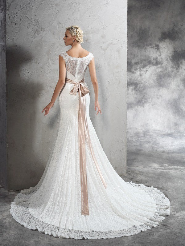 Sheath/Column Sheer Neck Sash/Ribbon/Belt Sleeveless Long Lace Wedding Dresses CICIP0006482