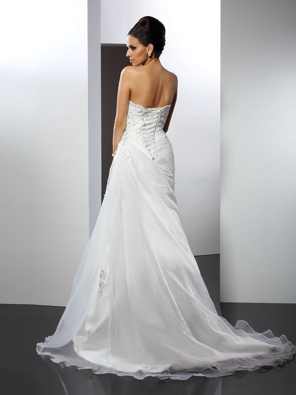 A-Line/Princess Sweetheart Applique Sleeveless Long Organza Wedding Dresses CICIP0006515