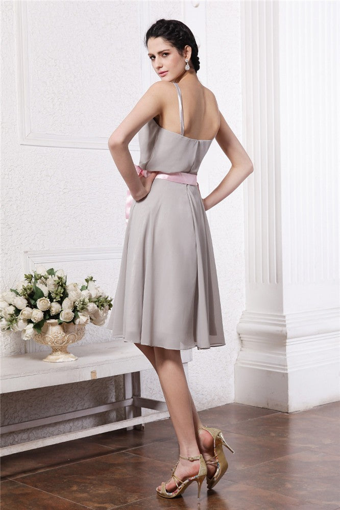 Sheath/Column Scoop Sleeveless Sash Short Chiffon Bridesmaid Dresses CICIP0005693