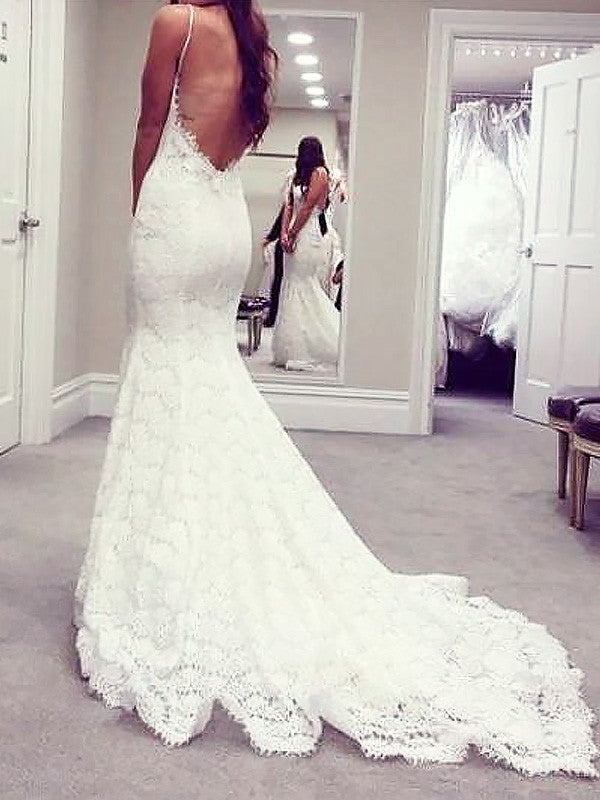 Trumpet/Mermaid Spaghetti Straps Court Train Lace Sleeveless Wedding Dresses CICIP0006466