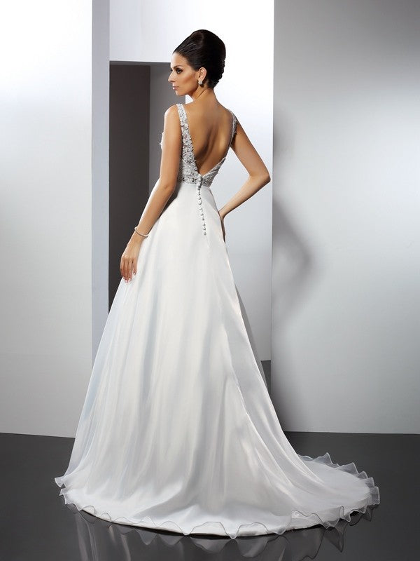 A-Line/Princess Scoop Ruffles Sleeveless Long Satin Wedding Dresses CICIP0006433