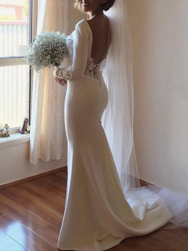 Trumpet/Mermaid Long Sleeves Scoop Court Train Lace Satin Wedding Dresses CICIP0006261