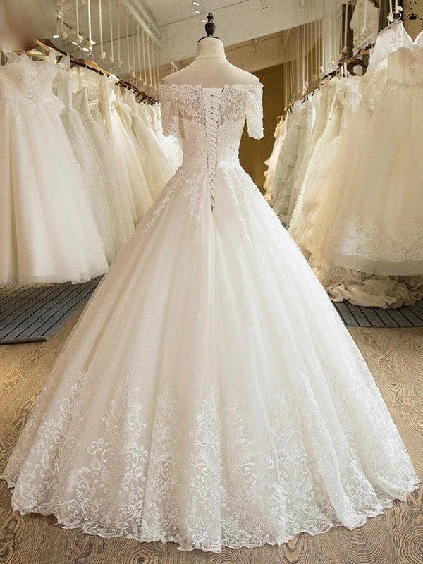 Ball Gown 1/2 Sleeves Off-the-Shoulder Floor-Length Applique Lace Tulle Wedding Dresses CICIP0006322