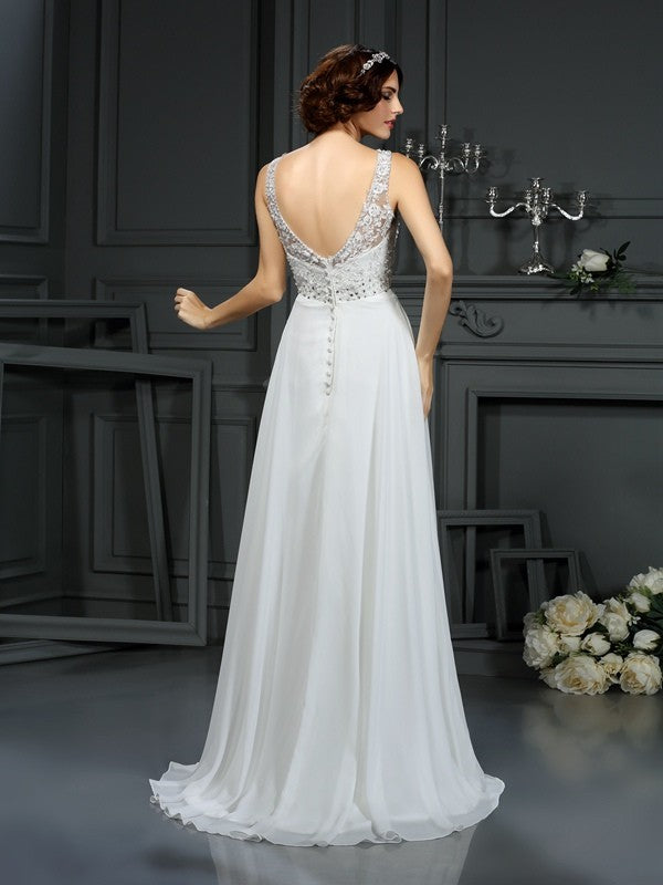 A-Line/Princess V-neck Lace Sleeveless Long Chiffon Wedding Dresses CICIP0006576