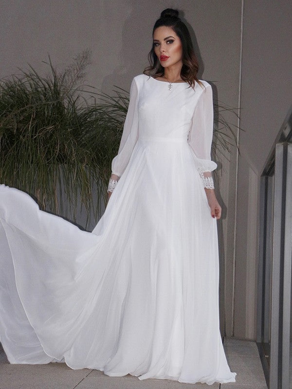 A-Line/Princess Chiffon Ruffles Long Sleeves Scoop Sweep/Brush Train Wedding Dresses CICIP0006511