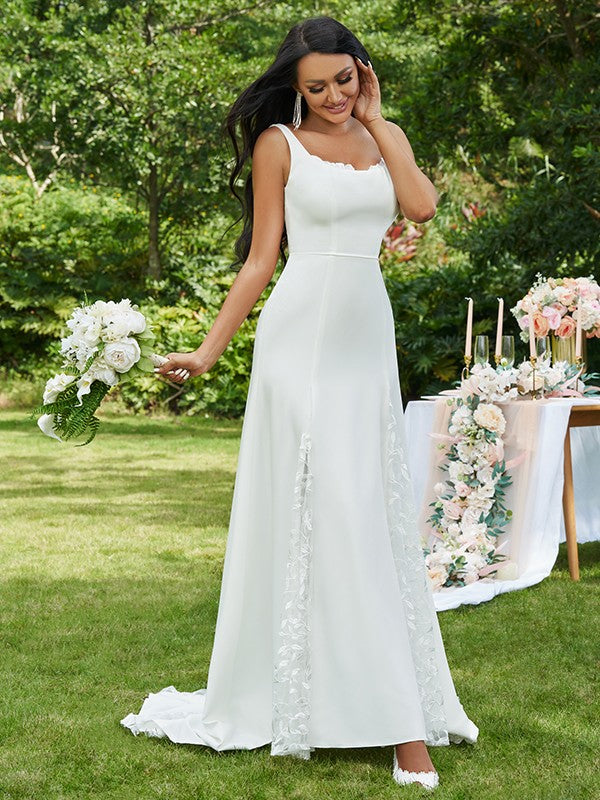 A-Line/Princess Lace Ruffles Straps Sleeveless Sweep/Brush Train Wedding Dresses CICIP0006536