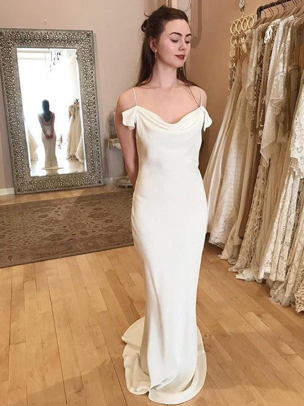 Sheath/Column Sleeveless Spandex Spaghetti Straps Ruched Sweep/Brush Train Wedding Dresses CICIP0006925