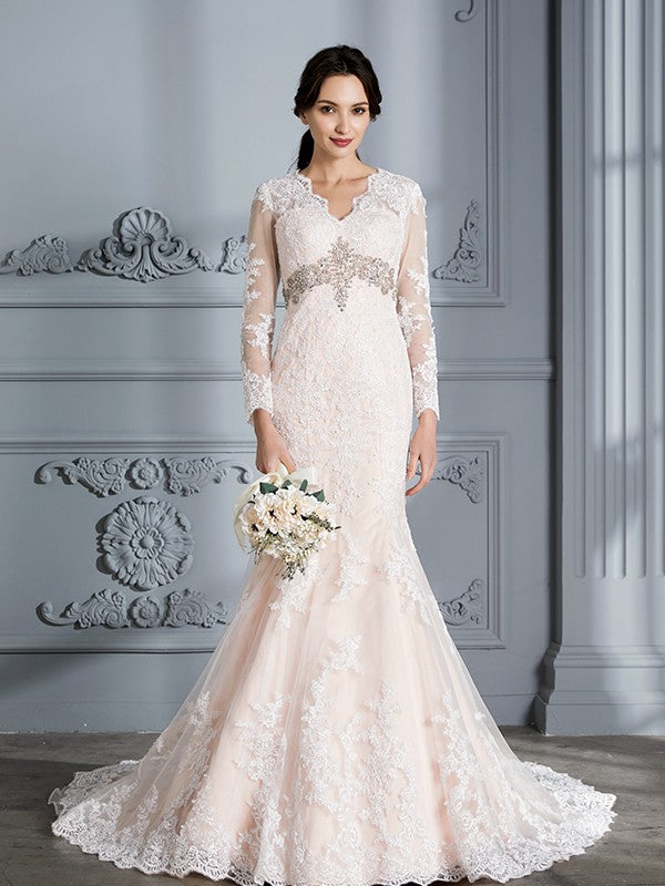 Trumpet/Mermaid V-Neck Beading Long Sleeves Sweep/Brush Train Tulle Wedding Dresses CICIP0006655