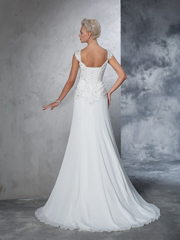 A-Line/Princess Straps Beading Sleeveless Long Chiffon Wedding Dresses CICIP0006465