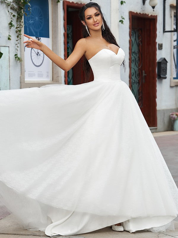 A-Line/Princess Lace Ruffles Sweetheart Sleeveless Sweep/Brush Train Wedding Dresses CICIP0006517