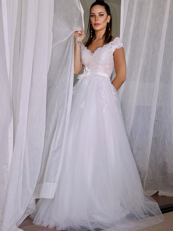 A-Line/Princess Tulle V-neck Sleeveless Lace Floor-Length Wedding Dresses CICIP0006410