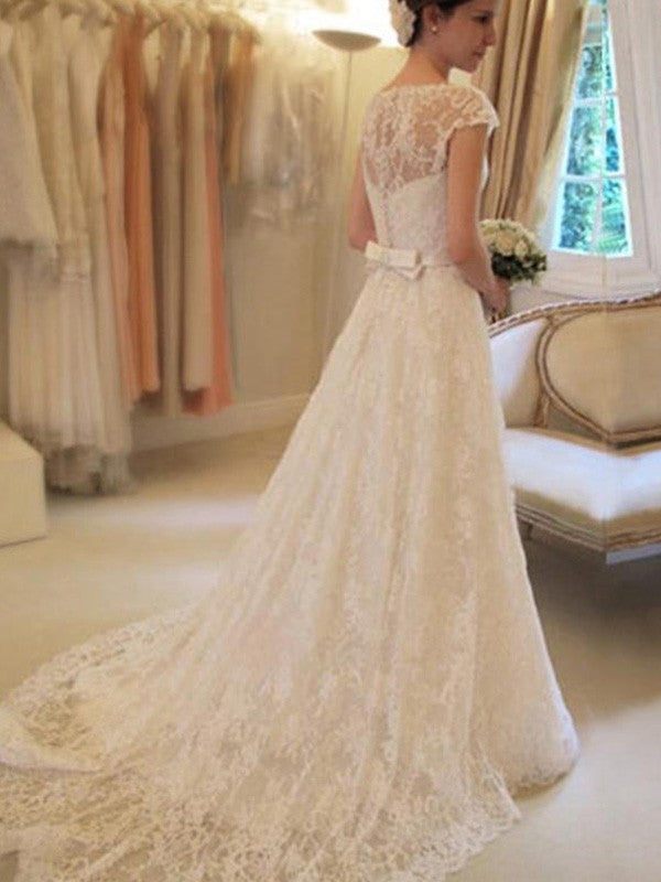 A-Line/Princess Sash/Ribbon/Belt Short Sleeves Square Court Train Applique Lace Wedding Dresses CICIP0006475